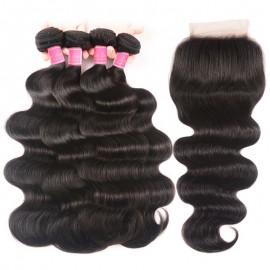 Julia Human Hair Virgin Indian Remy Body Wave Weave 4 Bundles With Lace Closure