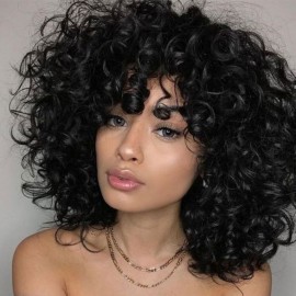 Julia Short Fluffy Curly Human Hair Wig With Bangs Bouncy Curly Human Hair BOB Wig Machine Made