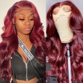 Julia Hair 99J Burgundy Color T Part Wig / Lace Frontal Wig Body Wave Human Hair Wigs 150% Density