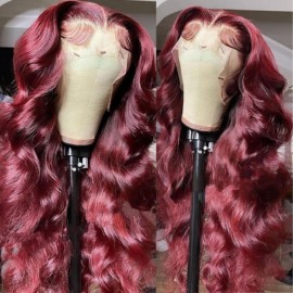 Julia Hair 99J Burgundy Color T Part Wig / Lace Frontal Wig Body Wave Human Hair Wigs 150% Density