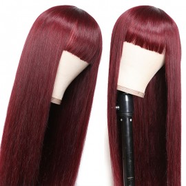 Julia Hair 99J Color Straight Human Hair Wigs With Bangs Breathable Burgundy Colored Human Hair Wigs For Black Women
