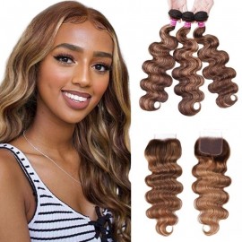 Julia Hair Honey Blonde Highlight Color Virgin Hair Body Wave 3 Bundles With Lace Closure Human Hair Weave