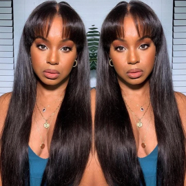 Julia Curtain Bangs Long Straight Hair Transparent Lace Front Wig Soft Human Hair Wigs With Bangs