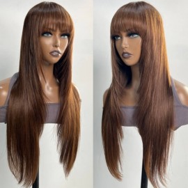 Julia Hair Mocha Medium Brown Hair Straight Layer Hair Cut Glueless Human Hair Wigs With Bangs Flash Sale