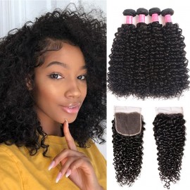 Julia Hair 4 Bundles Peruvian Jerry Curly Weave Human Hair With 1 Lace Closure