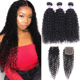 Julia 3 Bundles Natural Black Virgin Curly Human Hair Weaves With Lace Closure
