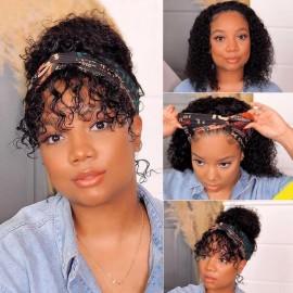 Julia Hair Curly Wave Short Bob Wigs With Bangs Natural Black Wig With Headband Attached For Women