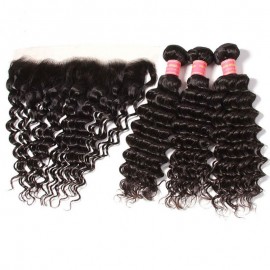 Julia Deep Wave Hair Weaves 3 Bundles With 13x4 Lace Frontal Pre Plucked 12-24 Inch