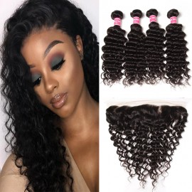 Julia 4 Pcs Deep Wave Human Hair Weaves With 1 Pc Frontal Unprocessed Virgin Human Hair Deep Wave