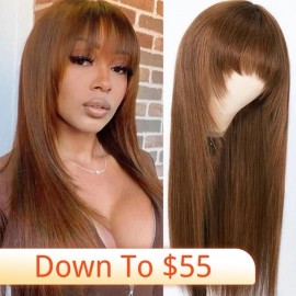 Julia Rich Brown Silk Straight Wigs With Bangs Glueless Machine Made Good Quality Human Hair Wigs Flash Sale