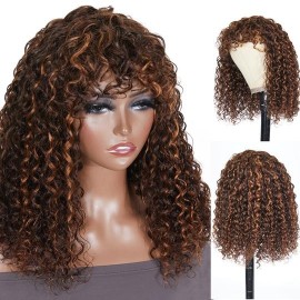 Julia Honey Blonde Deep Wave Wig Highlight Auburn Brown Color Deep Curly Wave Short Human Hair Wigs With Bangs