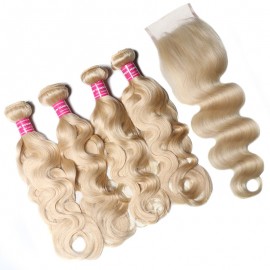 Julia 613 Color 4 Bundles Brazilian Human Hair Body Wave With Closure T1B/613 Color Body Wave Human Bundles With Closure