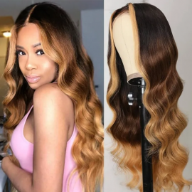 Julia New Color Ombre Highlight Brown Blonde Hair Loose Wave Wig 4X4 T-Part Lace Wig 150% Density