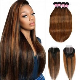 Julia Balayage Ombre Highlight Straight Wave Hair 4 Bundles With 1B/30 Ombre 4X4 Lace Closure