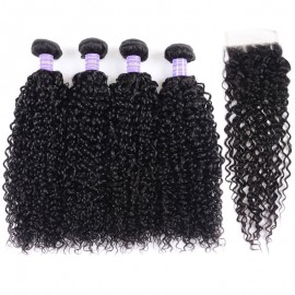 Julia 4 Pieces Curly Human Hair Bundles With Lace Closure 4x4 Natural Black