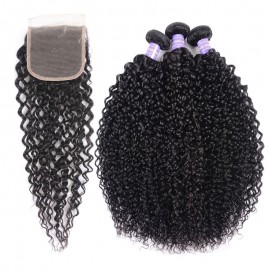 Julia 3 Bundles Natural Black Virgin Curly Human Hair Weaves With Lace Closure