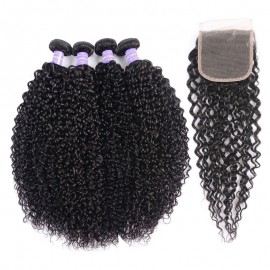 Julia 4 Pieces Curly Human Hair Bundles With Lace Closure 4x4 Natural Black