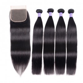Julia 4 Bundles Natural Black Straight Human Hair Bundles With Closure