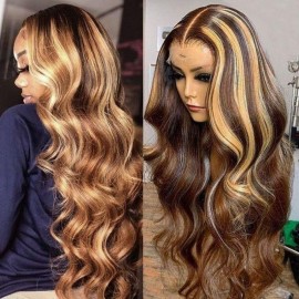 Julia Hair Transparent 13x4 Body Wave Honey Blonde Ombre Color Highlight Wigs For Women