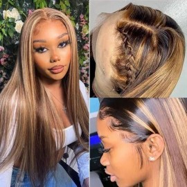 Julia Highlight Wig Ombre Color Straight Wave 13x4 Lace Wigs Invisible Pre Plucked Lace Front Highlight Wigs 150% Density