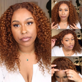 Julia Hair Affordable Piano Brown Highlight Curly Wig Honey Blonde Lace Front Wig Glueless Human Hair Wigs 150% Density