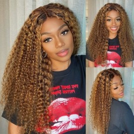 Julia Hair Kinky Curly Honey Blonde Sun Kissed Highlights Pre Plucked 13X4 Lace Frontal Wigs 100% Virgin Human Hair Wigs