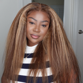 Julia Hair Kinky Straight Honey Blonde Highlight Colored Wig Pre Plucked Lace Frontal Wigs 100% Virgin Human Hair Wigs
