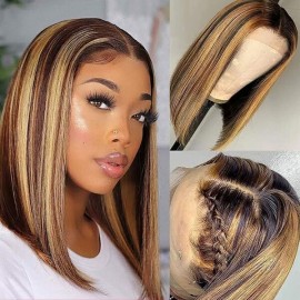 Julia Blonde Highlight Bob Wig Human Hair Straight T part Lace Bob Wig 4/27 Piano Color Ombre Honey Brown wig