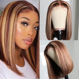 Julia Highlight Bob Wigs With Baby Hair 4*0.75 Lace Part Straight Brown Wigs For Black Women