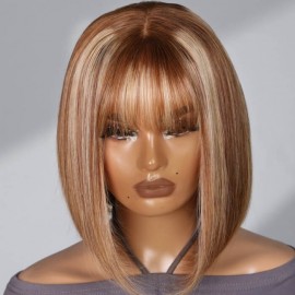 Julia Hair 4x0.75 Lace Part Honey Blonde Highlights Wolf Cut Straight Bob Wig With Bangs
