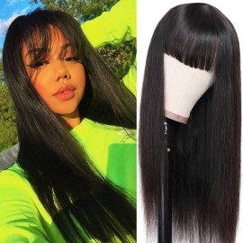 Julia Curtain Bangs Long Straight Hair Transparent Lace Front Wig Soft Human Hair Wigs With Bangs