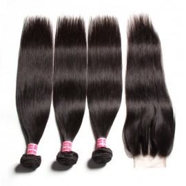 Julia Straight Indian Human Virgin Hair 3 Bundles With Lace Closure
