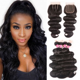 Julia Human Hair Virgin Indian Remy Body Wave Weave 4 Bundles With Lace Closure