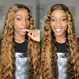 Julia Honey Blonde Deep Wave Human Hair Wig Ombre Colored Deep Wave 13x4 Lace Front Wig