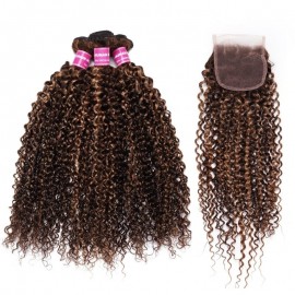Julia Hair Jerry Curly 3 Bundles With Lace Closure Honey Blonde Highlight Color Human Hair Weave
