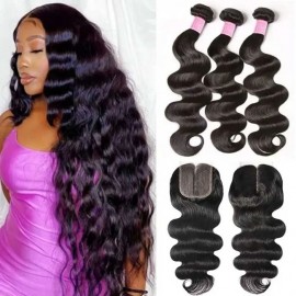 Julia Body Wave 3 Bundles Human Hair With T Part Lace Closure 100% Unprocessed Weave Hair With Closure