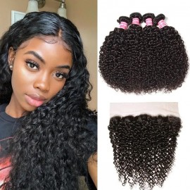 Julia 4 Bundles Curly Human Hair Weaves With 13x4 Ear To Ear Lace Frontal