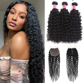 Julia Curly Hair 3 Bundles With T Part Lace Closure 100% Human Hair Unprocessed Weave Hair With Closure