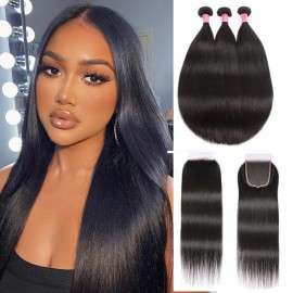 Julia Straight Human Hair Bundles with HD Lace Closure Unprocessed Remy Hair Straight Wave With Closure