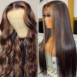 Julia 18 Inch Straight Hair Brown Highlight #FB30 Middle Part Wig Human Hair Wigs For Sale