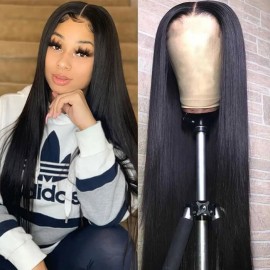 Julia Glueless Wigs With T Part 100% Straight Human Hair Lace Wigs With Middle Part Natural Color