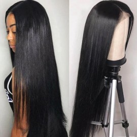 Julia Glueless Wigs With T Part 100% Straight Human Hair Lace Wigs With Middle Part Natural Color