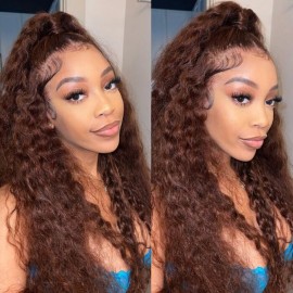 Julia Hair Reddish Brown Human Hair Big Curly Wigs Dark Auburn Colored Water Wave Transparent Lace Front Wigs 150% Density