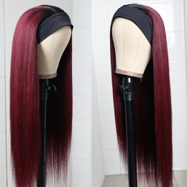1B/99J Dark Burgundy Color Yaki Headband Hair Wig With Black Root Flash Sale