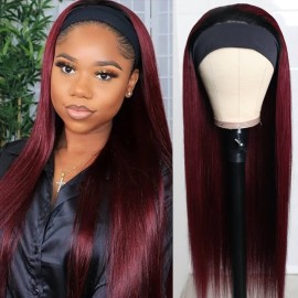 1B/99J Dark Burgundy Color Yaki Headband Hair Wig With Black Root Flash Sale