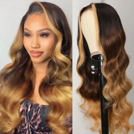Julia 16 Inch Ombre Highlight Brown Blonde Loose Wave Wig 4X4 T-Part Lace Wig 150% Density
