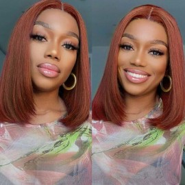 Julia Reddish Brown Lace Part BOB Wig Auburn Color Short Human Hair Wig 150% Density