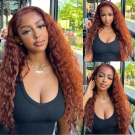 Julia Reddish Brown Human Hair Big Curly Wigs Dark Aurbun Colored Water Wave Transparent Lace Front Wigs 150% Density