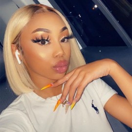Julia Blonde Bob Wigs With Dark Brown Roots Ombre Lace Front Bob Wigs Straight Short Bob Wigs 150% Density