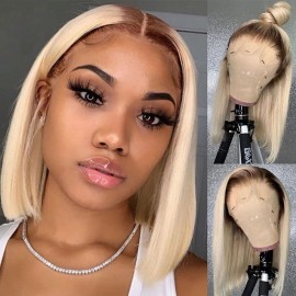 Julia Blonde Bob Wigs With Dark Brown Roots Ombre Lace Front Bob Wigs Straight Short Bob Wigs 150% Density